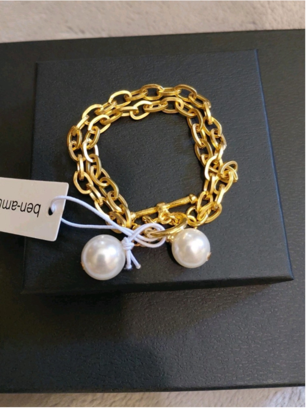 BEN AMUN 24K GOLD PLATED PEARL LINK CHAIN TOGGLE BRACELET 7" Made in USA NEW